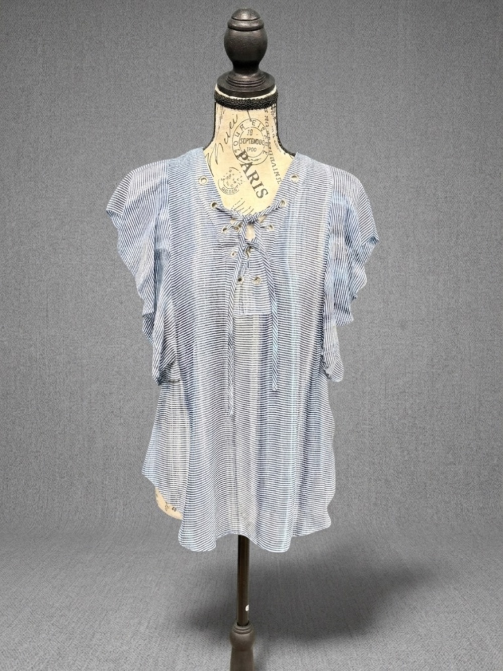 a.n.a Striped Lace Up Flutter Sleeve Blouse Small Blue White Boho Grommet Top